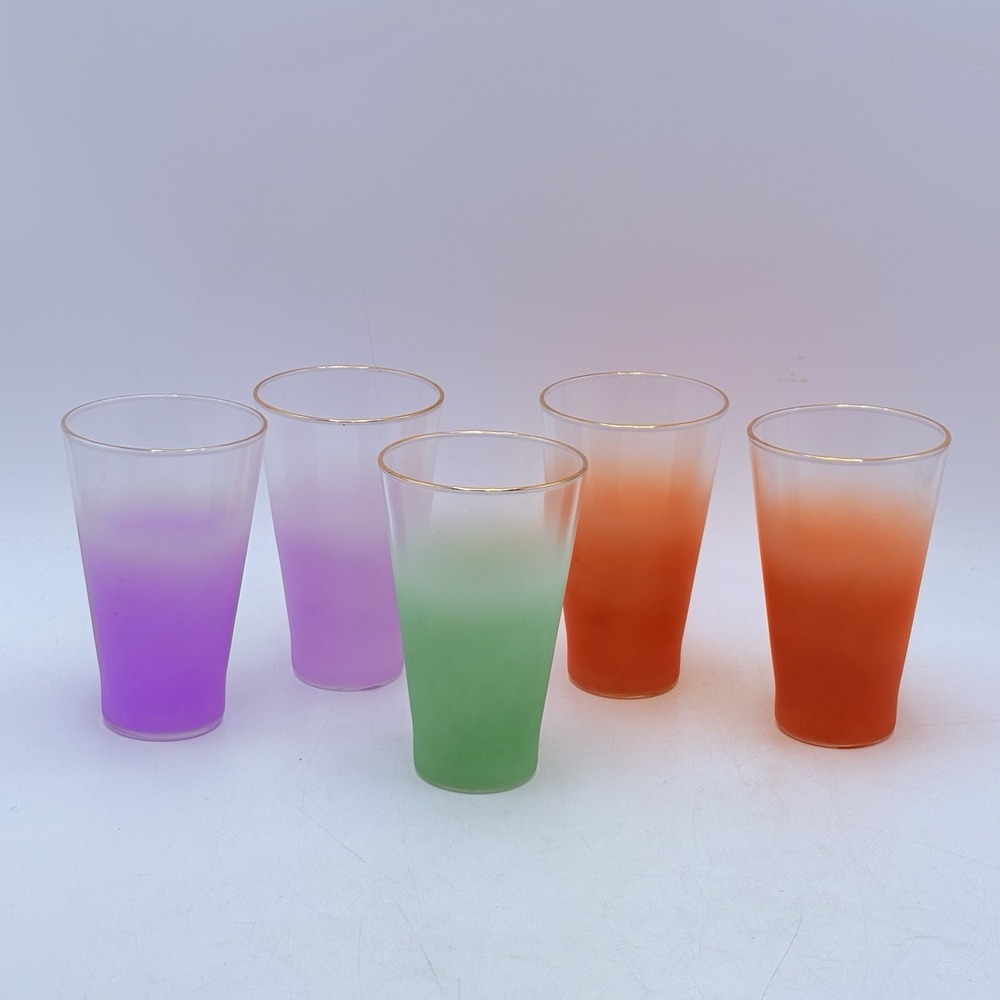 5pc Vintage MCM Blendo Anchor Hocking Frosted Ombré Gold Rim Tumbler Glasses